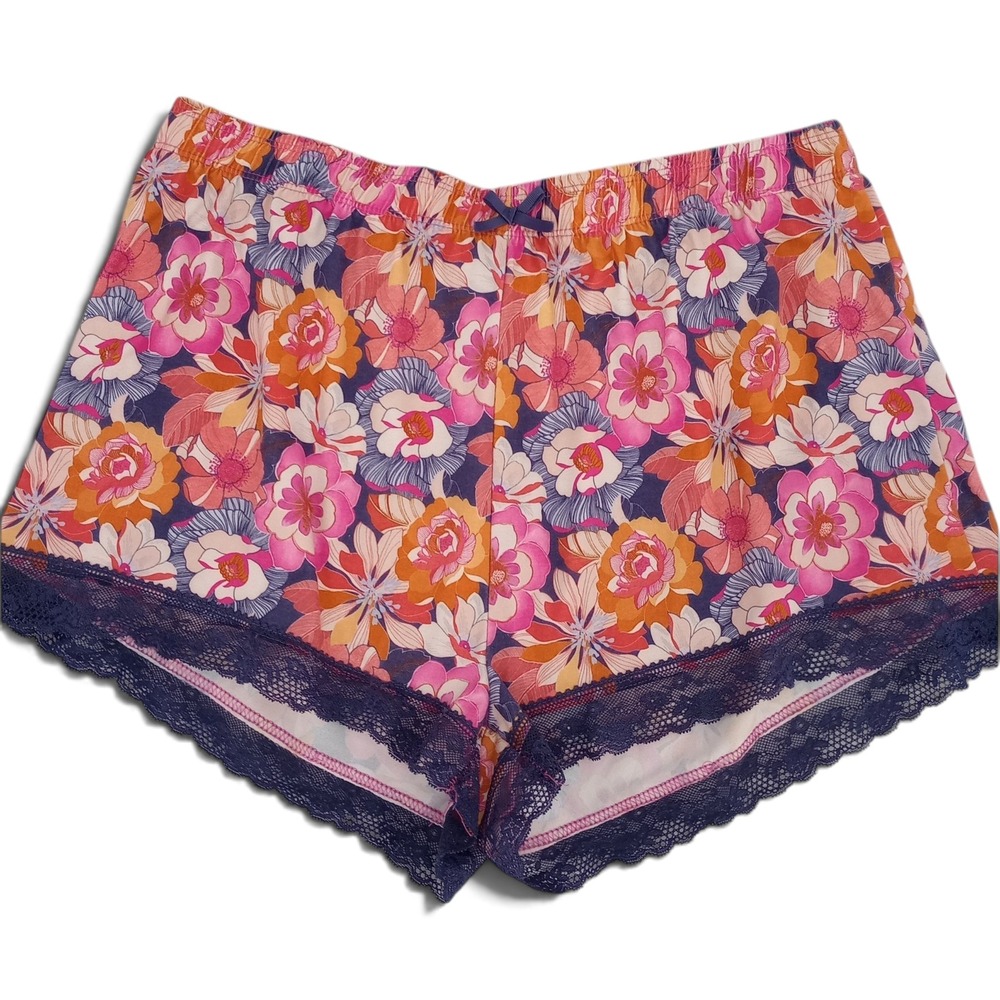 Primark Cares Pajama Shorts Women M Multicolor Floral Lace Trim Bow Accent